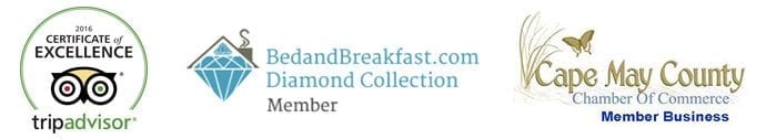 Bed and Breakfast Awards | TripAdvisor 2016 Certificate of Excellence, BedandBreakfast.com Diamond Collection Member, Cape May County Chamber of Commerce Member Business